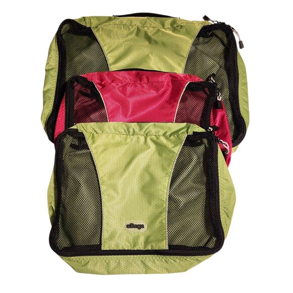 Lot of 3 eBags Packing Cubes Mesh Top Handles 1 Lrg. 2 Med. Red & Green - Picture 1 of 10